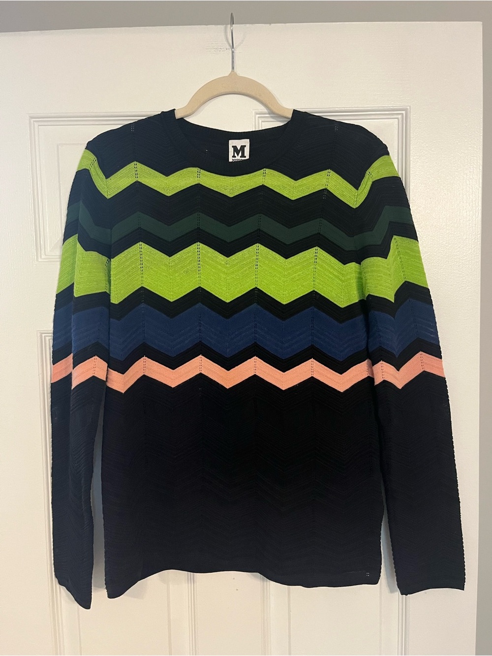 Missoni Black Crewneck Sweater with Lime, Navy & Pink Zigzag Stripes